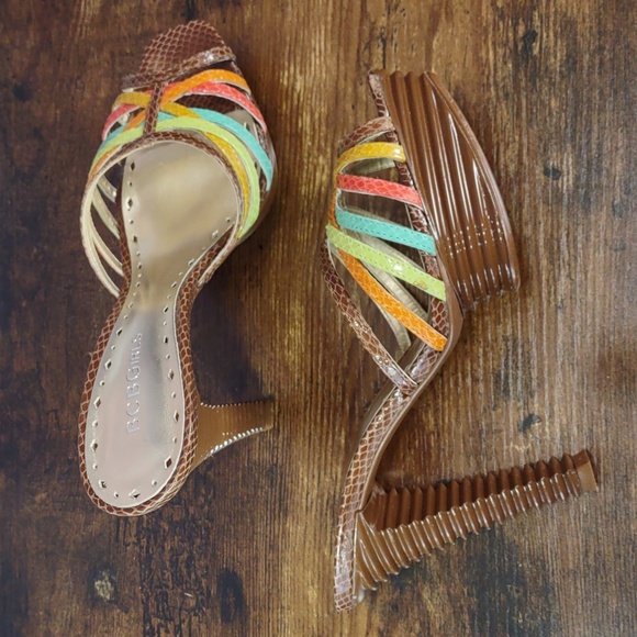 BCBGirls "Elliot" Multi Color Strappy Snakeskin Stiletto Slides - Picture 9 of 14